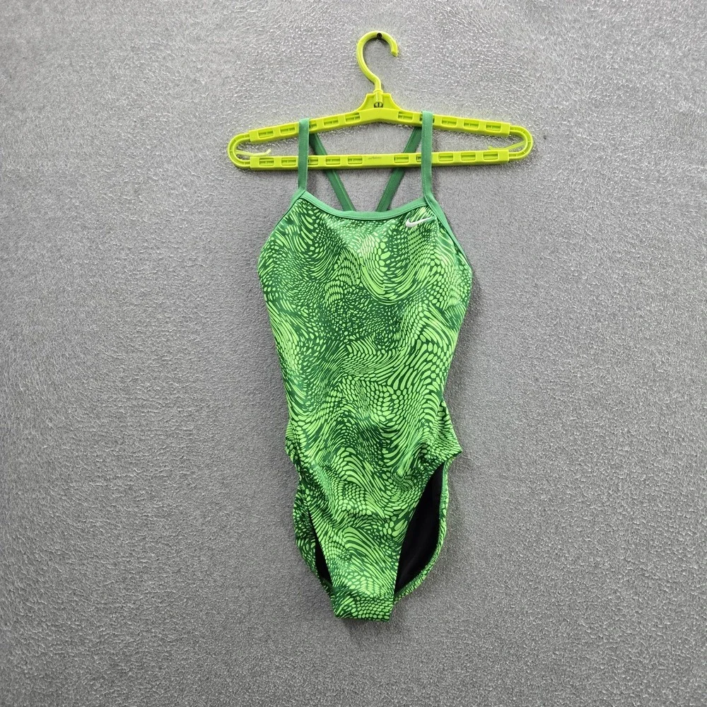 Nike Women Swimwear 4 Green One-Piece Geometric Geo Alloy Modern Cut Out